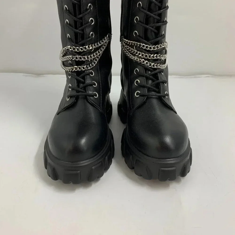 Hot Topic Women’s Black Chains Platform Side Zip Knee-High Boots Size 10 NWOB - Picture 10 of 16